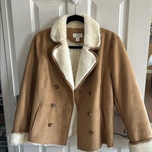 LOFT Tan Faux-Suede Pea Coat with Cream Faux-Shearling
